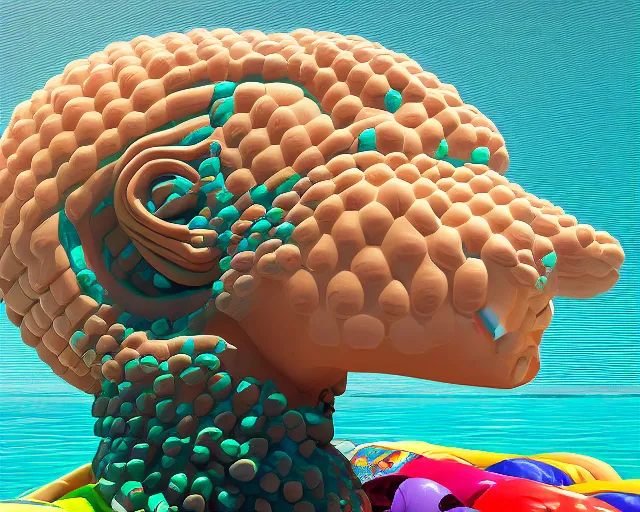 Image similar to a long shot of a giant award winning sculpture of a human head made out of a lot of inflatable pool toys, on the surface of the ocean, in the style of chad knight, hyper detailed, hyper realistic, ray tracing, 8 k resolution, sharp focus, realistic water