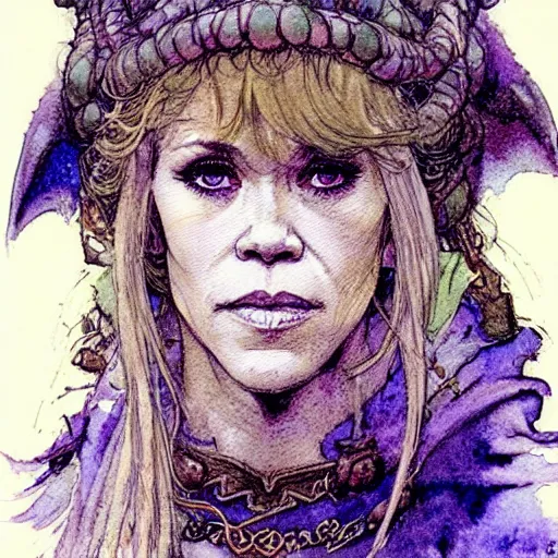 Image similar to a realistic and atmospheric watercolour fantasy character concept art portrait of jane fonda in her 2 0 s as a druidic warrior wizard looking at the camera with an intelligent gaze by rebecca guay, michael kaluta, charles vess and jean moebius giraud