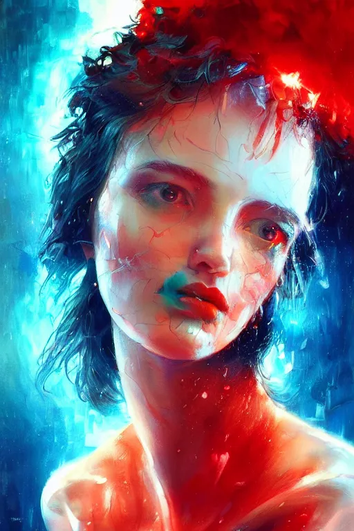 Image similar to 3 d, sci - fi, morning, sleepy fashion model face, sun, cinematic, lightning clouds, vogue cover style, poster art, light red and deep blue mood, realistic painting, intricate oil painting, high detail, figurative art, multiple exposure, poster art, 3 d, by tooth wu and wlop and beeple and greg rutkowski