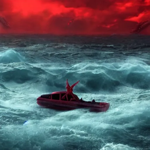 Image similar to anti - christ rising from a red ocean. ominous. vivid color detailed photograph from a 2 0 2 0 s blockbuster vfx horror movie. a small capsized boat in the background.