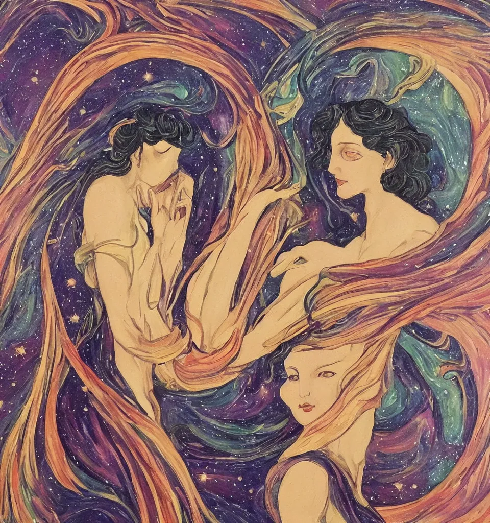 Prompt: an oil painting in the style of art nouveau of a goddess in galactic space