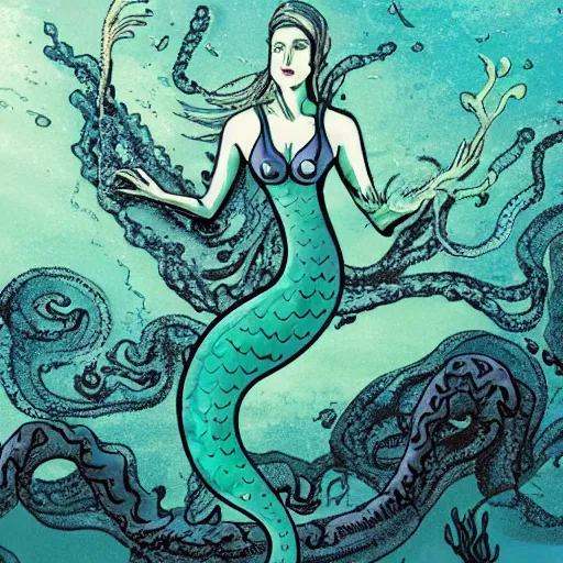 Image similar to a mermaid with a long eel tail in place of legs that is covered in algae and seaweed while she swims toward the ocean floor accompanied by a very threatening sea monster