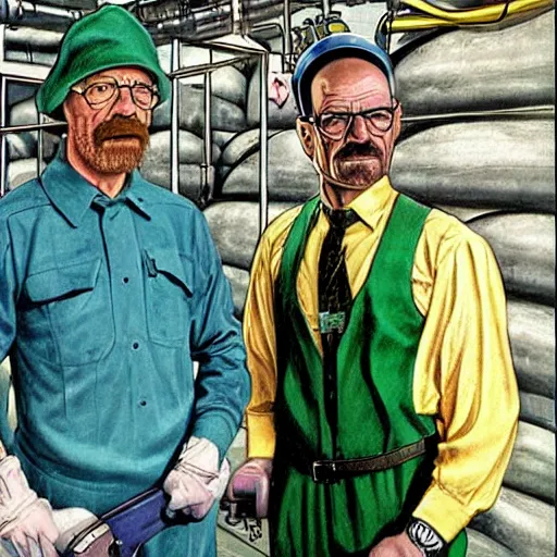 Image similar to Walter White and Luigi in chemical factory, artwork by Earl Norem,