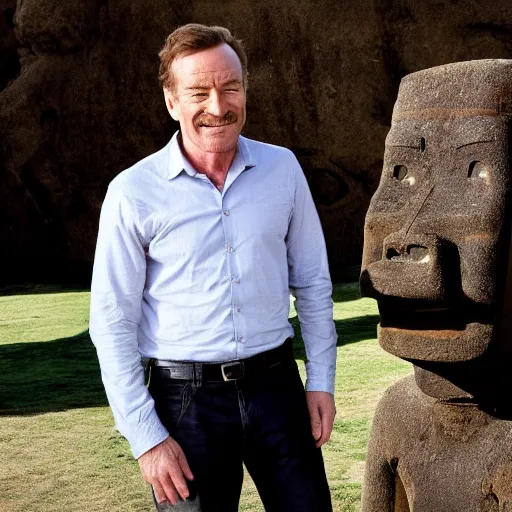 Image similar to an hd 4 k photo, of bryan cranston posing next to a moai statue