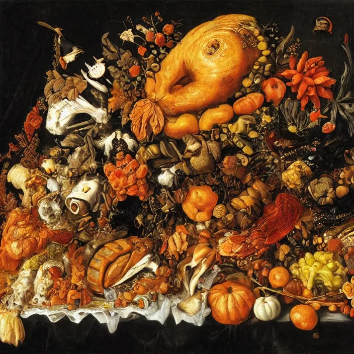 Image similar to victorian thanksgiving feast, cornucopia, black background, vanitas, a still life by giuseppe arcimboldo, a flemish baroque by jan davidsz. de heem, intricate high detail masterpiece