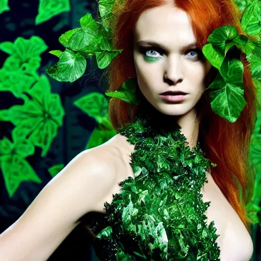 Image similar to A beautiful portrait of Daria Strokous as Poison Ivy from Batman as a Versace fashion model Spring/Summer 2010, highly detailed, in the style of cinematic, Getty images, Milan fashion week backstage, Makeup by Pat McGrath, Hair by Guido Palau, Greg rutkowski