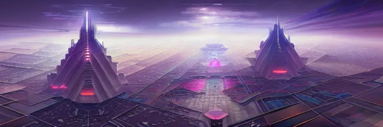 Image similar to a sprawling cybernetic temple, a large hi - tech city, and a river surrounded by fractal mountains, volumetric clouds, cybernetic faces, vaporwave aesthetic, colorful, psychedelic, digital painting, artstation, concept art, smooth, sharp focus, illustration, art by artgerm and greg rutkowski and alphonse mucha