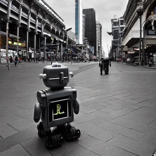 Image similar to a dystopian version of Flinders Street Melbourne Australia, robots in the street.