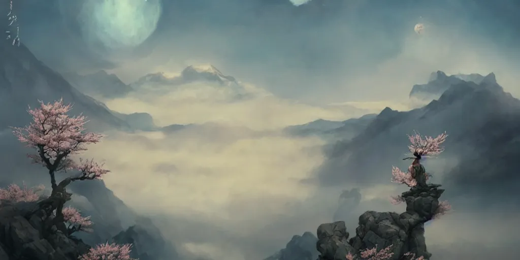 Prompt: a beautiful landscape of peach blossoms on the clouds, brilliant peaks, dense fog, early morning, by by yoneyama mai, trending on artstation, clouds, by wayne barlowe, peter mohrbacher, kelly mckernan, epic scene, 4 k, dark fantasy, environment, unreal engine 5, detailed