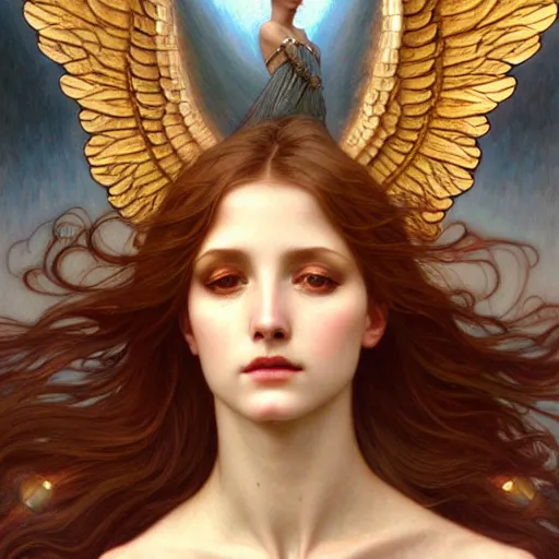 Image similar to Winged girl angel, face, fantasy, intricate, elegant, dramatic lighting, highly detailed, lifelike, photorealistic, digital painting, artstation, concept art, smooth, sharp focus, illustration, art by John Collier and Krenz Cushart and Artem Demura and Alphonse Mucha and Jean-Leon Gerome and and Albert Aublet