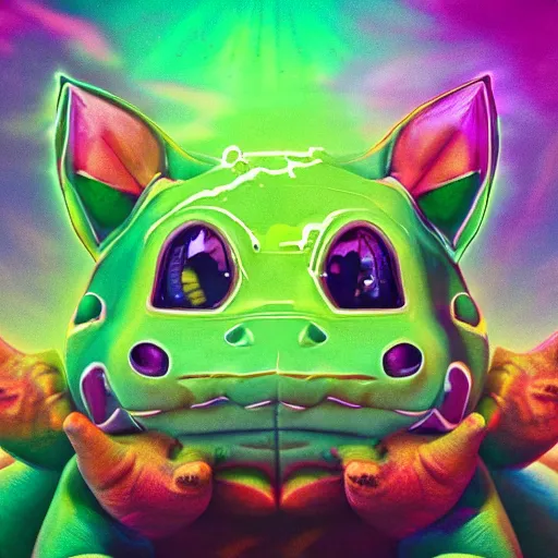 Prompt: Photorealistic bulbasaur tripping on acid. Hyperdetailed photorealism, 108 megapixels, amazing depth, glowing rich colors, powerful imagery, psychedelic Overtones, 3D finalrender, 3d shading, cinematic lighting, artstation concept art