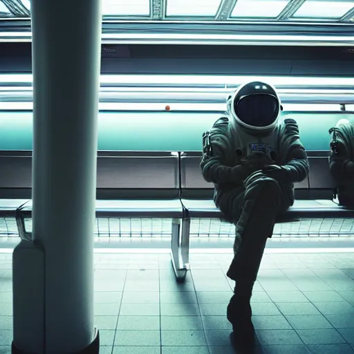 Image similar to a beautiful photo of an astronaut waiting in a subway station, 1970', soft light, morning light, photorealistic, realistic, octane, 8k, cinematic shot