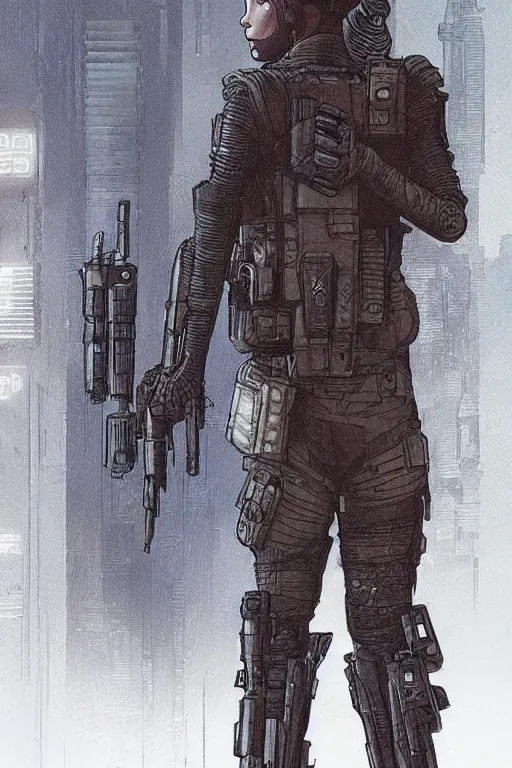 Image similar to adaego the ghost. blackops mercenary in near future tactical gear and cyberpunk headset. Blade Runner 2049. concept art by James Gurney and Mœbius.