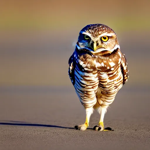 Image similar to a picture of a burrowing owl sitting with his legs splayed out to the sides