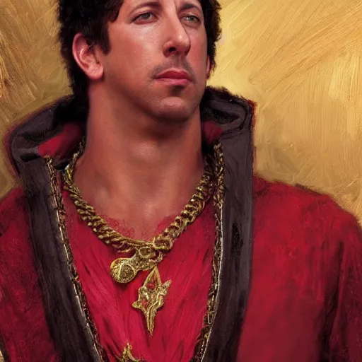 Prompt: detailed realistic cinematic wide shot of beautiful attractive muscular adam sandler as roman empreror gold chain wearing royal red clothes slim face symettrical face clean skin black eyes black robe smooth, sharp focus, ultra realistic, spring light, painting by gaston bussiere, craig mullins, j. c. leyendecker