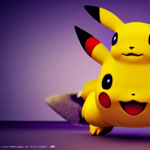 Image similar to nymph render of a very cute 3d pikachu pokemon, adorable eyes, cute smile, full round face, neon lights in background, serene bedroom setting, medium shot, mid-shot, highly detailed, trending on Artstation, Unreal Engine 4k