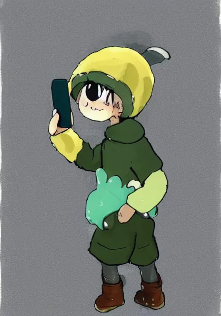 Prompt: little boy wearing sheep suit using a smartphone, gray, blue, green and brown pallet color. made in abyss art style, inspired in kris from deltarrune, cute detailed artwork, anatomically correct