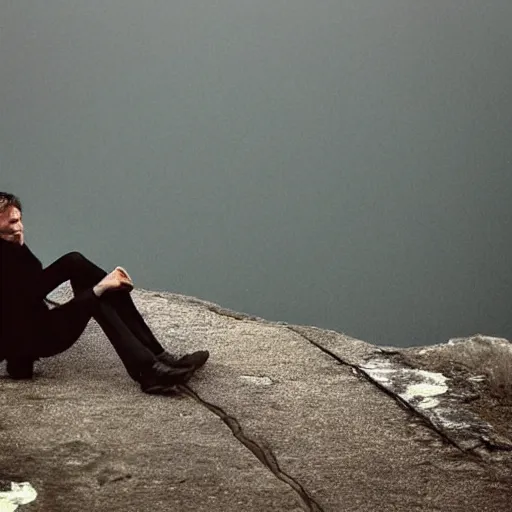 Image similar to a lonesome man, sitting on a cliff on a very rainy day, taking a drag from a cigarette as he watches his life fall apart