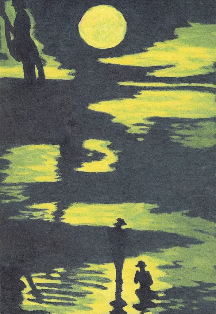 Prompt: silhouetted figures in the night enshrouded in an impressionist representation of Mother Nature and the meaning of life by Edward Hopper and Igor Scherbakov, the figures cast their shadows on the still water, abstract colorful lake garden at night, the moon reflects in the water, thick visible brush strokes, figure painting by Anthony Cudahy and Rae Klein, vintage postcard illustration, a masterpiece of a grand scene