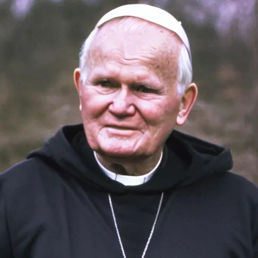 Prompt: john paul ii standing in a black hoodie, black cargo pants and high black boots, evening time, dark