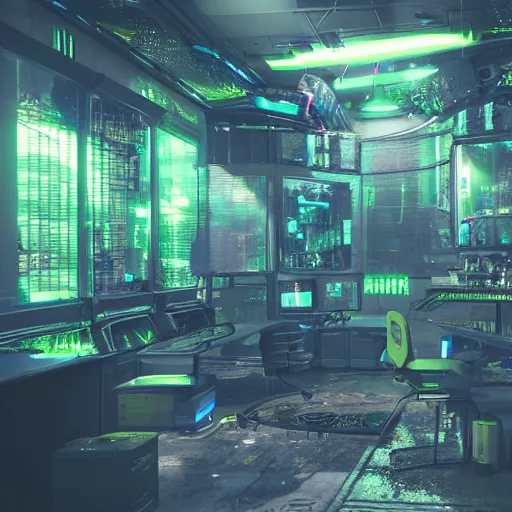Image similar to cyberpunk underground lab with a glas tank and green goo inside, lot of screens on the wall, dusty, volumetric lights, cinematic, incredibly detailed, octane render,