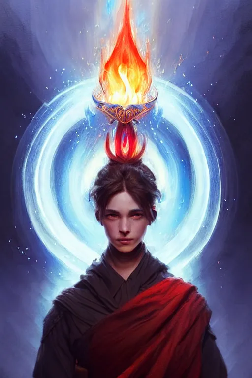 Image similar to Front portrait of mage hold a blue fire on right hand and red fire on the left hand, full body, fine art, awesome fantasy book cover on Pinterest, award winning, dark fantasy landscape, fantasy magic, intricate, elegant, sharp focus, cinematic lighting, highly detailed, digital painting, concept art, art by WLOP and Artgerm and Greg Rutkowski, masterpiece, trending on artstation, 8K