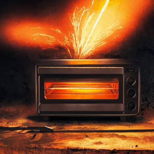 Image similar to toaster oven mecha head, dark messy smoke - filled cluttered workshop, dark, dramatic lighting, orange tint, sparks, cinematic, highly detailed, sci - fi, futuristic, movie still