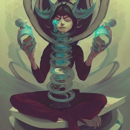 Image similar to a tiny cute demon floating while meditating and wrapped in sacred scrolls, smooth, intricate, elegant, digital painting, artstation, power runes, pulsing energy, concept art, sharp focus, octane render, illustration, art by josan gonzalez and james jean and shintaro kago, overwatch character,