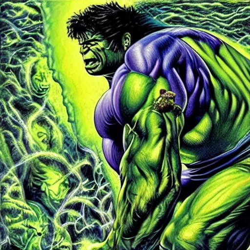 Prompt: the incredible hulk, painted by alex grey