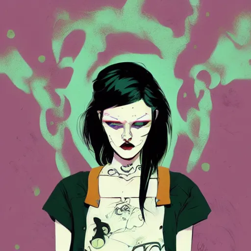 Image similar to Highly detailed portrait of pretty punk zombie young lady with, freckles and beautiful hair by Atey Ghailan, by Loish, by Bryan Lee O'Malley, by Cliff Chiang, inspired by image comics, inspired by graphic novel cover art, inspired by papergirls !! Gradient color scheme ((grafitti tag brick wall background)), trending on artstation