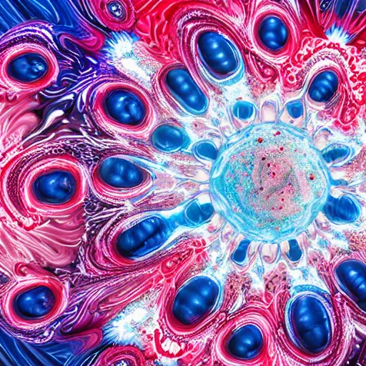 Image similar to raspberry, blueberry, vanilla smoothie explosion, intricate complexity, inverted neon red white and blue drip paint, psychedelic glitch art, trending on art station, photoreal, 8 k, octane render