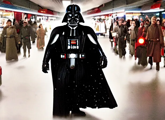 Image similar to film still of Darth Vader goes to the mall at Christmas time in the new Star Wars movie, 4k