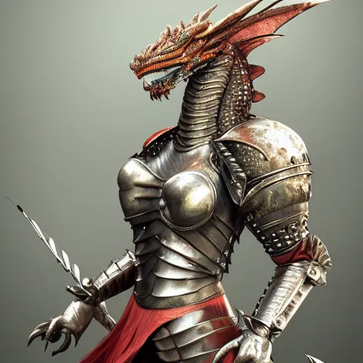 Image similar to highly detailed realistic stunning shot of a beautiful anthropomorphic female knight but as a hot dragon, doing a majestic pose, well detailed female dragon head, armor made of steel, sharp claws, HD octane render, epic cinematography, fantasy, Artstation, Deviantart, Furaffinity