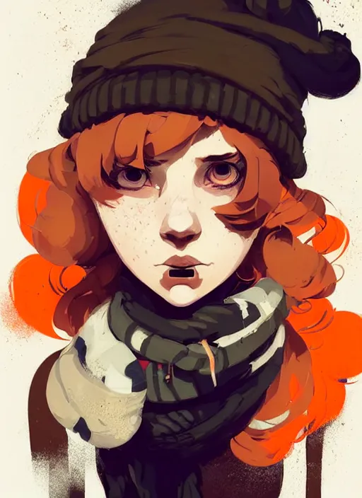 Image similar to highly detailed portrait of a sewer punk lady student, beanie, tartan scarf, wavy blonde hair by atey ghailan, by greg rutkowski, by greg tocchini, by james gilleard, by joe fenton, by kaethe butcher, gradient, orange, black, brown and cream color scheme, grunge aesthetic!!! white graffiti tag wall background