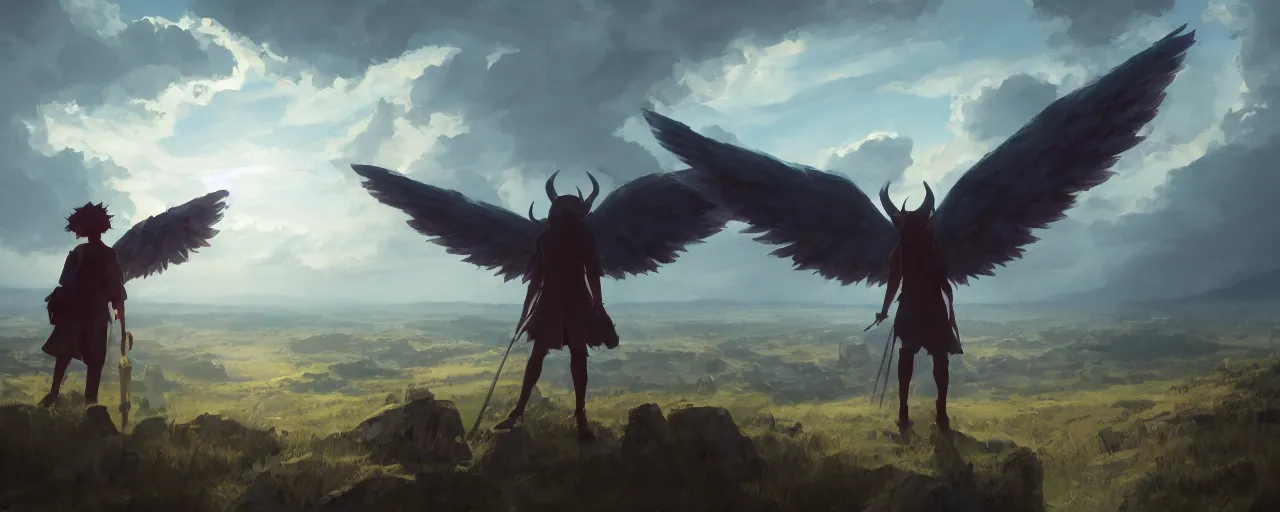 Image similar to satan unrurls his enormous wings overlook over the plains of golgotha, digital art, dark palette pokemon sword and sheild atmosphere by marby kwong, ( ( ( ( ( ( ( makoto shinkai raphael lacoste martin deschambault finnian macmanus artstationhq iamag