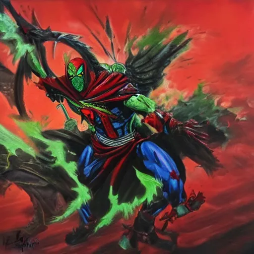 Prompt: Tom McFarlane's Spawn, oil painting, battle of glory