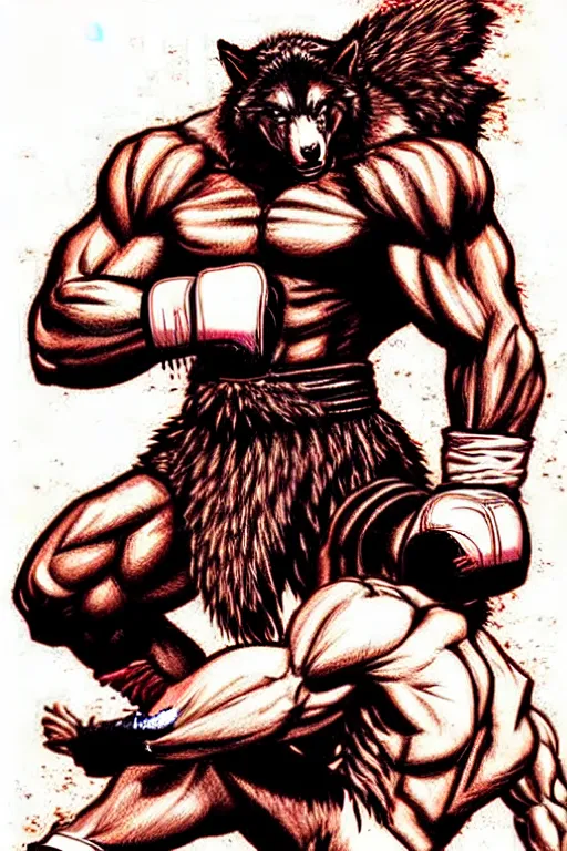 Image similar to extreme long shot. 8 bit nes graphics. antropomorphic muscular masculine wolf. kickboxer fighter, in shorts. wolf head. fine details, very sharp, art from nes game cartridge, 8 0's, vhs artefacts, vaporwave style, marc simonetti and hermann nitsch. streetfighter, contra