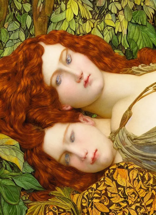 Image similar to masterpiece beautiful seductive flowing curves preraphaelite face portrait amongst leaves, extreme close up shot, straight bangs, thick set features, yellow ochre ornate medieval dress, laying amongst foliage mushroom forest circle arch, frederic leighton and kilian eng and rosetti and preraphaelites, william morris, 4 k