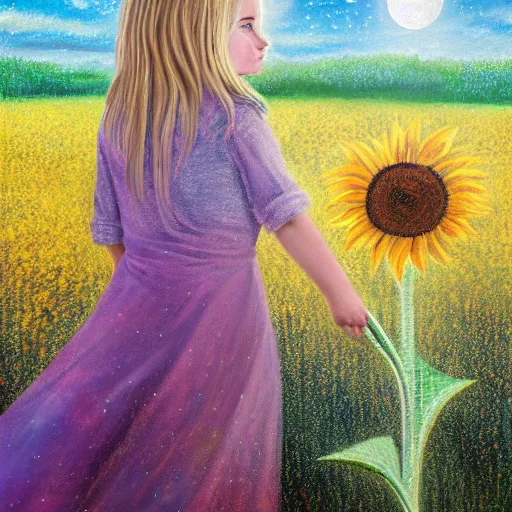 Prompt: a canvas of a 4 year old girl with long dirty blond hair, standing in the center of the painting with her back to us, wearing a raindow colored dress, while holding a sunflower, standing in a magical meadow, on a clear night sky, looking up at the moon with wonder, hyperdetailed, sharp focus, intricate, 4 k