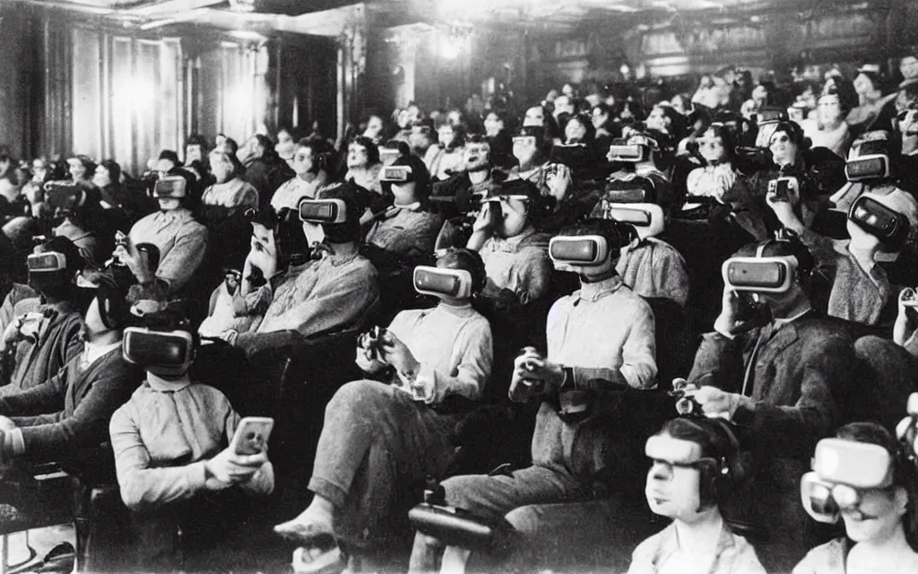 Image similar to 1 9 0 0 s photo of people using iphones ipods virtual reality headsets vr watching hd tv in a movie theater