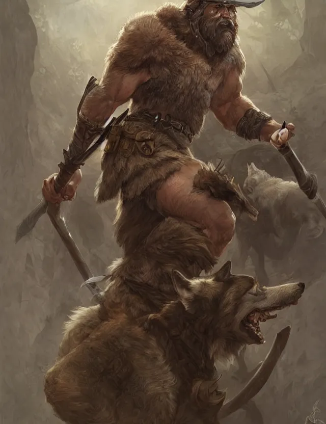 Image similar to portrait of a gruff ranger holding a spear, accompanied by a wolf dog, muscular, upper body, hairy body, D&D, fantasy, intricate, elegant, highly detailed, digital painting, artstation, concept art, matte, sharp focus, illustration, art by Artgerm and Greg Rutkowski and Alphonse Mucha