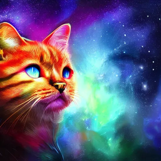 Image similar to colorful galaxy that looks like a cat face, high detail, digital art, beautiful , concept art,fantasy art, 4k