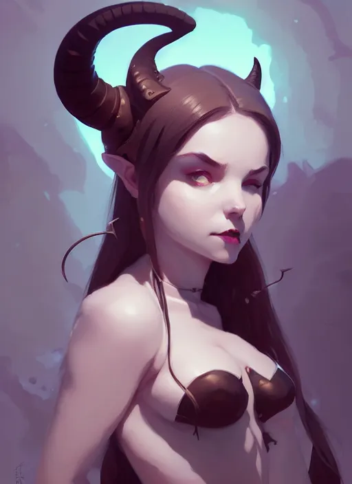 Image similar to portrait of cute succubus girl with horns, warhammer, by atey ghailan, by greg rutkowski, by greg tocchini, by james gilleard, by joe gb fenton, by in kaethe butcher, dynamic lighting, gradient light blue, brown, blonde cream and white color in scheme, grunge aesthetic