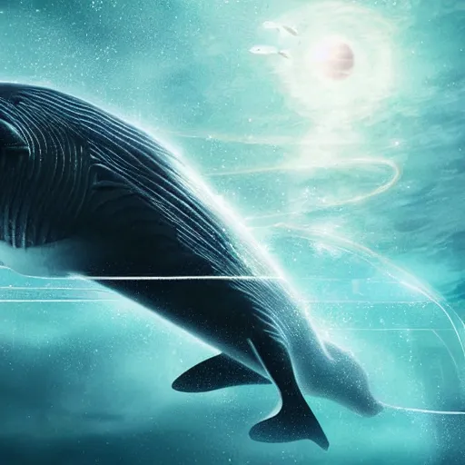 Image similar to a city under the ocean on an alien world, and a whale who feels disconnected from it wistfully watching a spaceship fly away, sci-fi digital art,