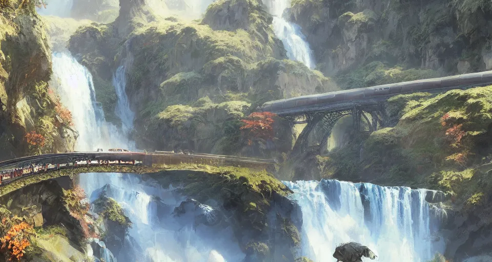 Image similar to A beautiful digital painting of train bridge, waterfall, lovely valley by Stanley Artgerm Lau, frank frazetta, Rossdraws, James Jean, gerald brom, Andrei Riabovitchev, Marc Simonetti, and Sakimichan, trending on artstation