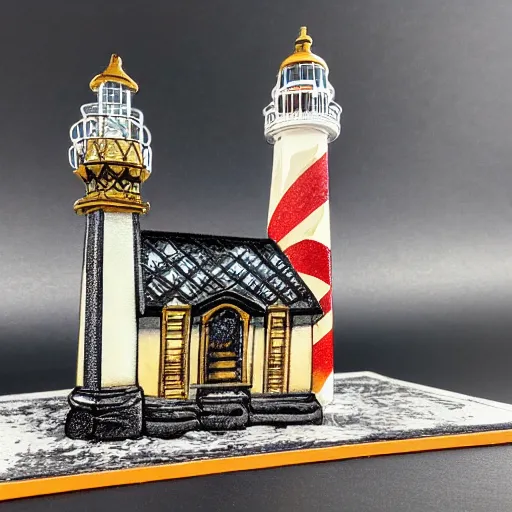 Prompt: an ornate lighthouse 28mm miniature, detailed with white and gold filagree and goldleaf decorative elements, sitting on a desk, painstaking detail, black lacquer, glossy shiny reflective, splashed with graffiti art