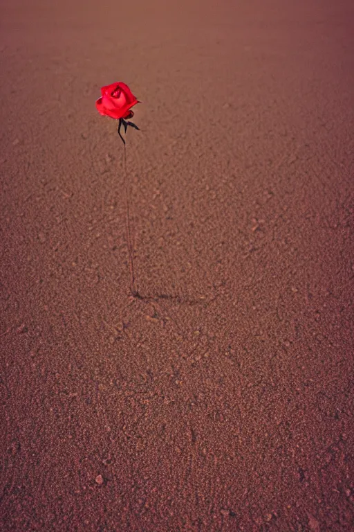 Image similar to agfa vista 4 0 0 photograph of a single rose growing in the desert sand, synth vibe, vaporwave colors, lens flare, moody lighting, moody vibe, telephoto, 9 0 s vibe, blurry background, grain, tranquil, calm, faded!,