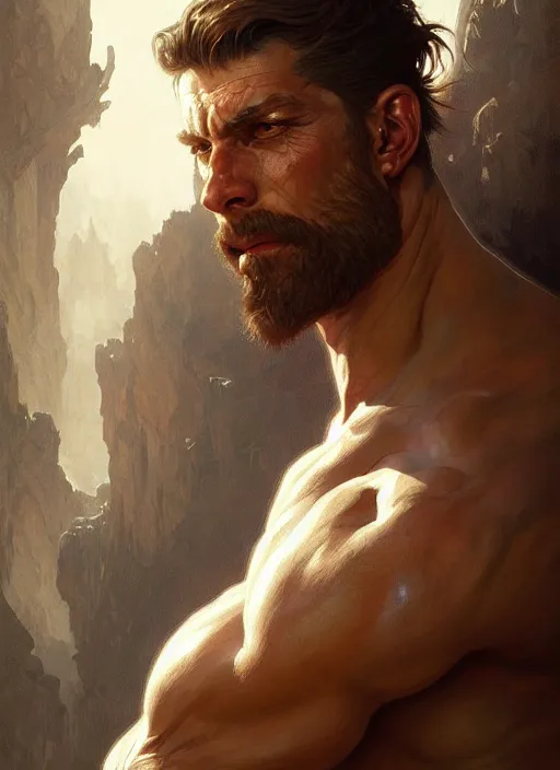 Image similar to Portrait of a man, scarred! D&D, muscular, fantasy, intricate, elegant, highly detailed, digital painting, artstation, concept art, smooth, sharp focus, illustration, art by artgerm and greg rutkowski and alphonse mucha