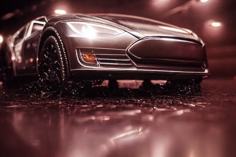 Image similar to a 2 8 mm closeup photo of a tesla cybertruck a on wet floor of a photo studio, intricate, hyper detailed, smooth, high contrast, volumetric lighting, octane, moebius, greg rutkowski, blade runner, ripley scott, synthwave, cinematic