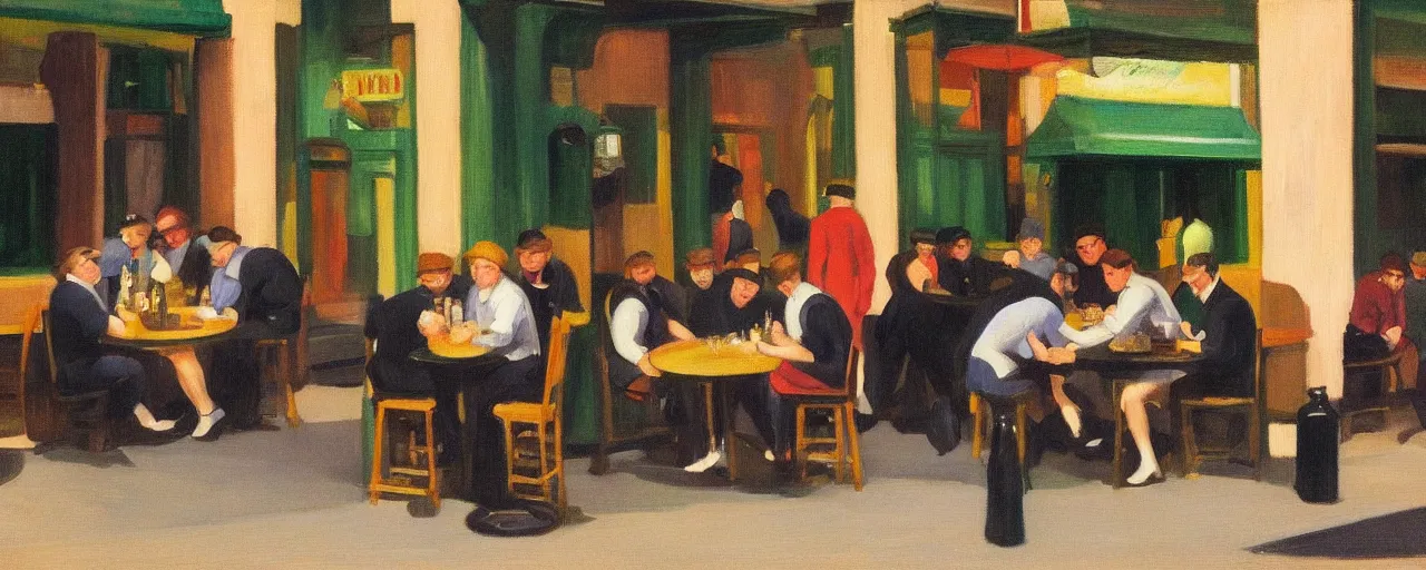 Image similar to a lively group of beer lovers drinking at a pub in the city next to a local park, picture in the style of edward hopper, clear faces